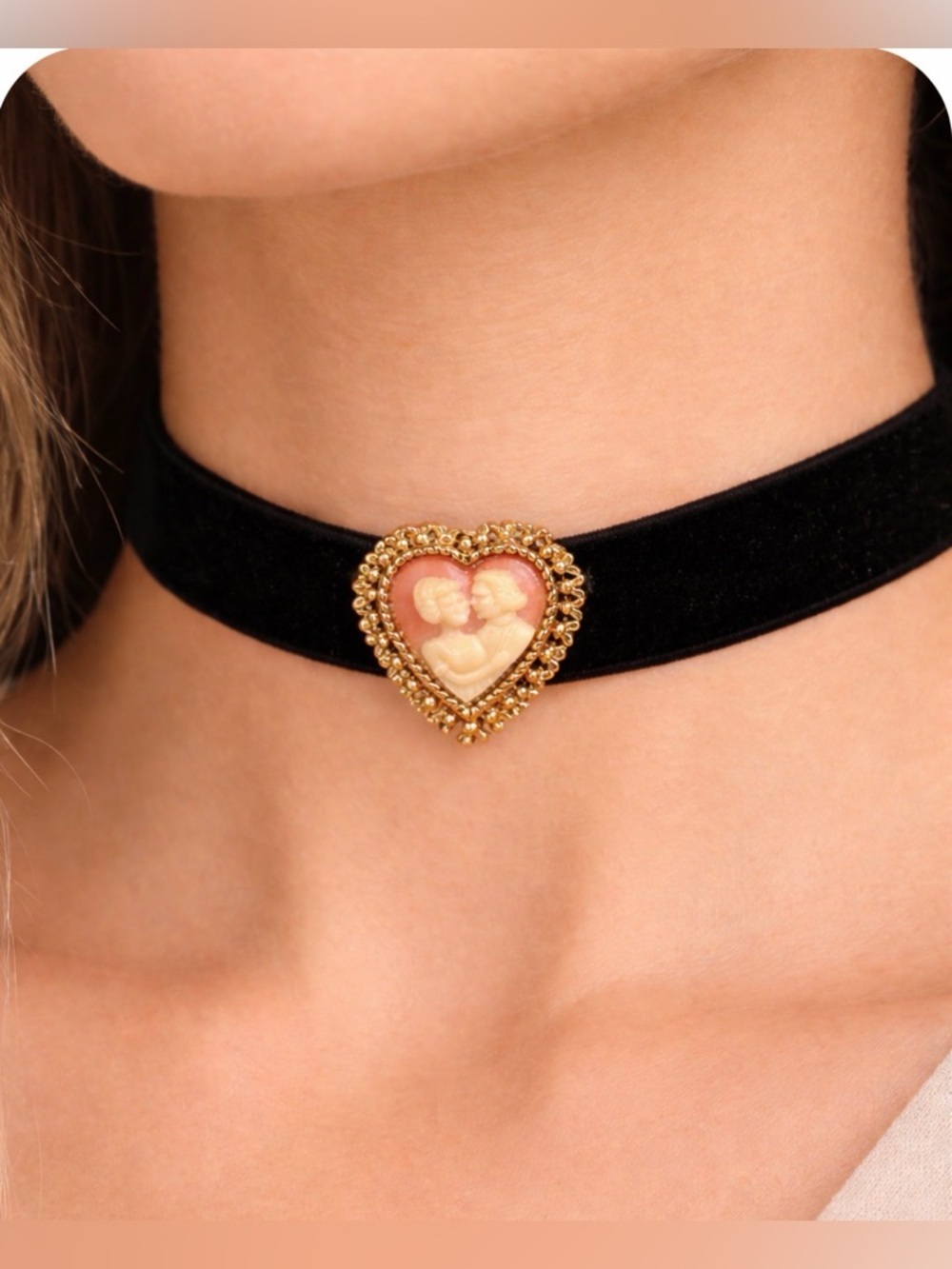 Vintage Victorian Revival Gothic Cameo Choker Pendant ONLY Heart Shaped Couple